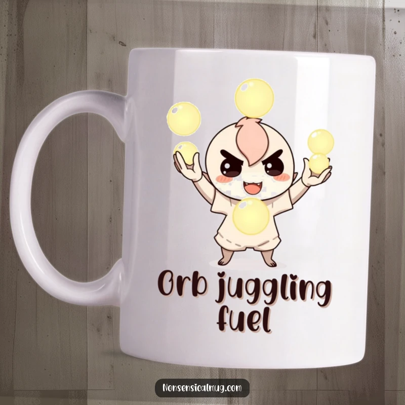Funny mug showing a mischievous character skillfully juggling three bright, glowing orbs with a playful grin, embodying enchantment and fun, a great item.