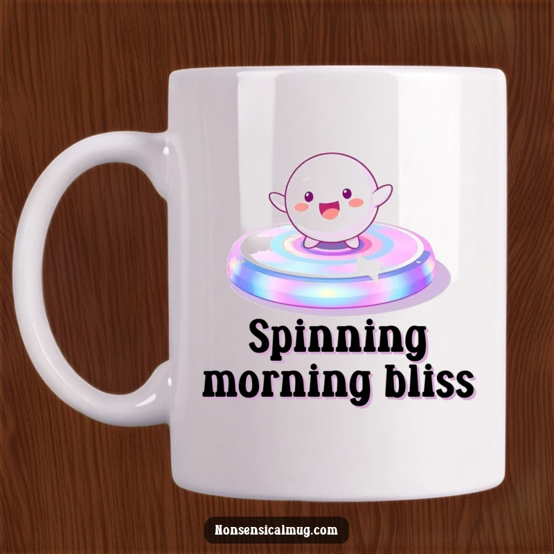 Funny Mug: A playful, spherical character gleefully spinning on a vibrant, iridescent platform, full of motion.