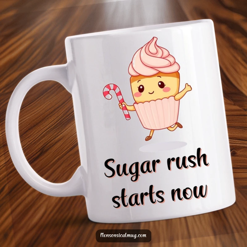 Funny kawaii cupcake character joyfully jumping rope with a candy cane on a ceramic mug, a delightful and humorous gift idea.