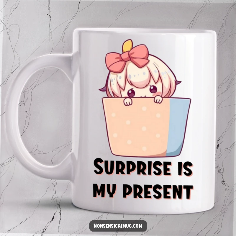 Funny mug showing a blushing character shyly peeking from behind a large, colorful gift, conveying adorable shyness.