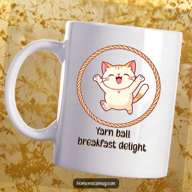 Funny round cat character joyfully leaping through a hoop made of yarn on a mug, showcasing playful feline energy.