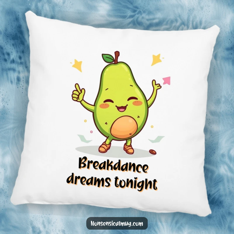 Funny pillow featuring a winking avocado breakdancing with its pit, adding a humorous and cool accent to any couch or bed.