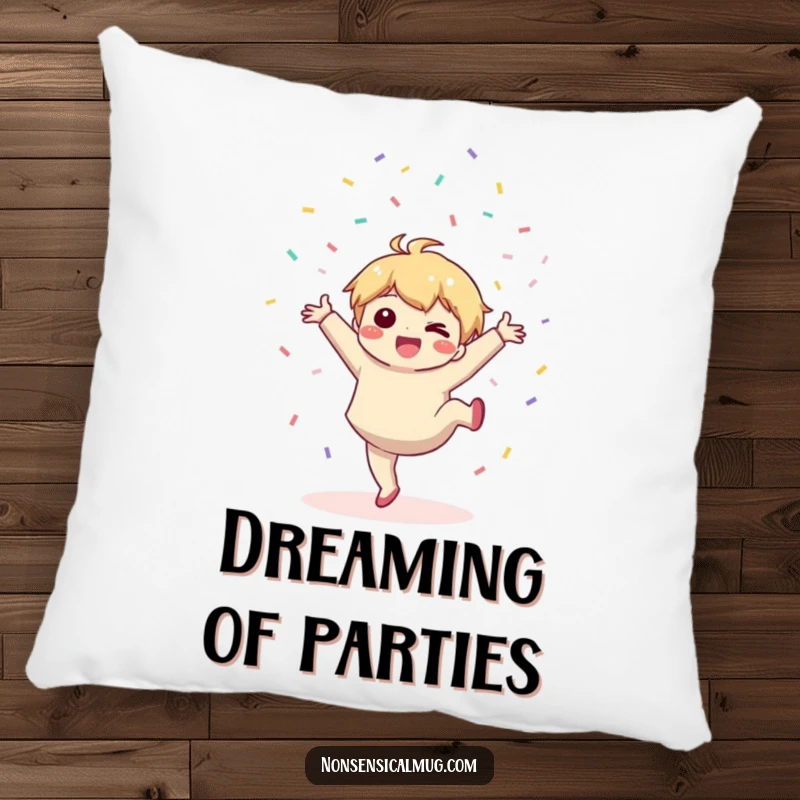 Funny pillow: a cute kawaii character joyfully does a cartwheel, tossing confetti, for ultimate comfort and cheer.