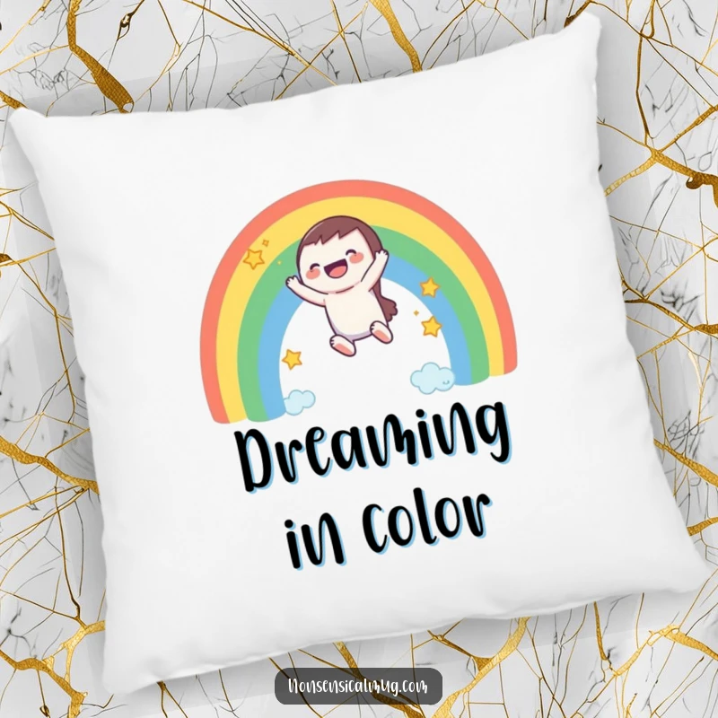 Funny pillow: a laughing character enjoys a smooth ride down a rainbow, surrounded by cheerful stars.