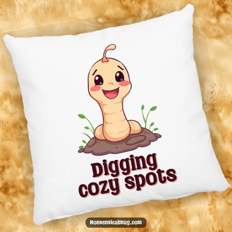 Funny Pillow: Happy worm character popping out of the ground with a cheerful, welcoming look.