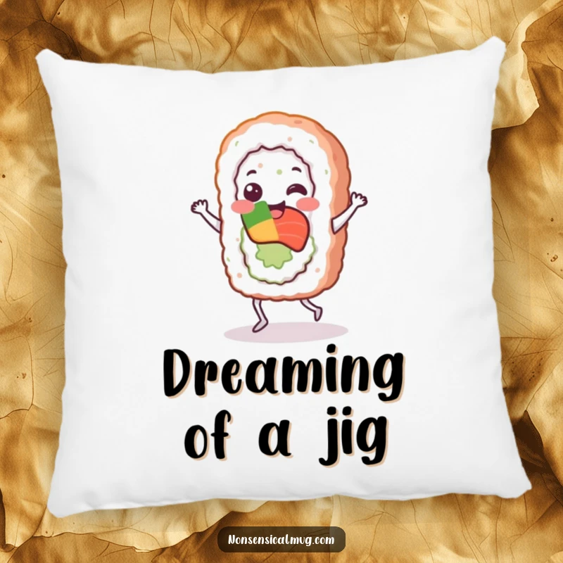 Soft, cuddly funny sushi roll pillow, depicted mid-jig, adding a humorous and cozy element to any space.