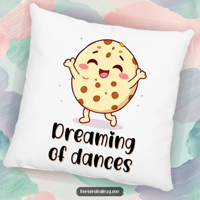 Funny delighted cookie character doing a happy dance with sprinkles on a plush pillow, a soft and humorous decor item.