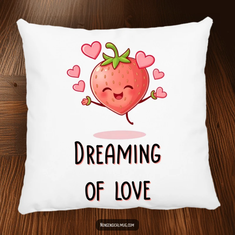 Funny cheerful strawberry character joyfully juggling hearts, a soft and decorative pillow, bringing sweet and funny love.