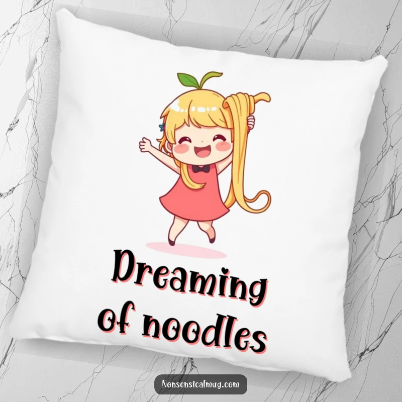 Funny pillow featuring a happy character dancing with a giant, wiggly noodle. Cozy and humorous home decor.