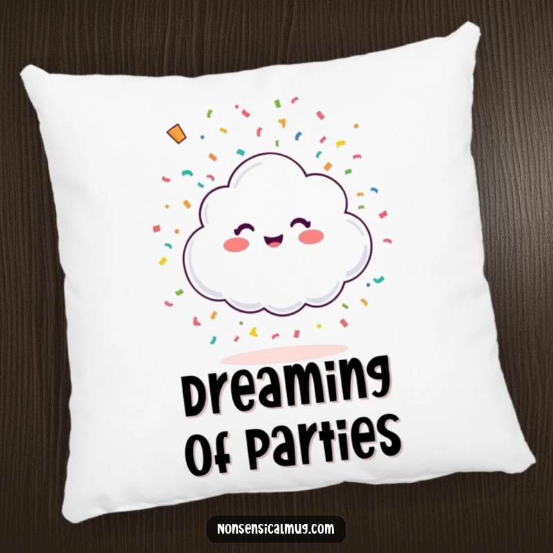 Funny happy little cloud showering colorful confetti from above on a pillow, offering comfort and a dose of festive cheer.