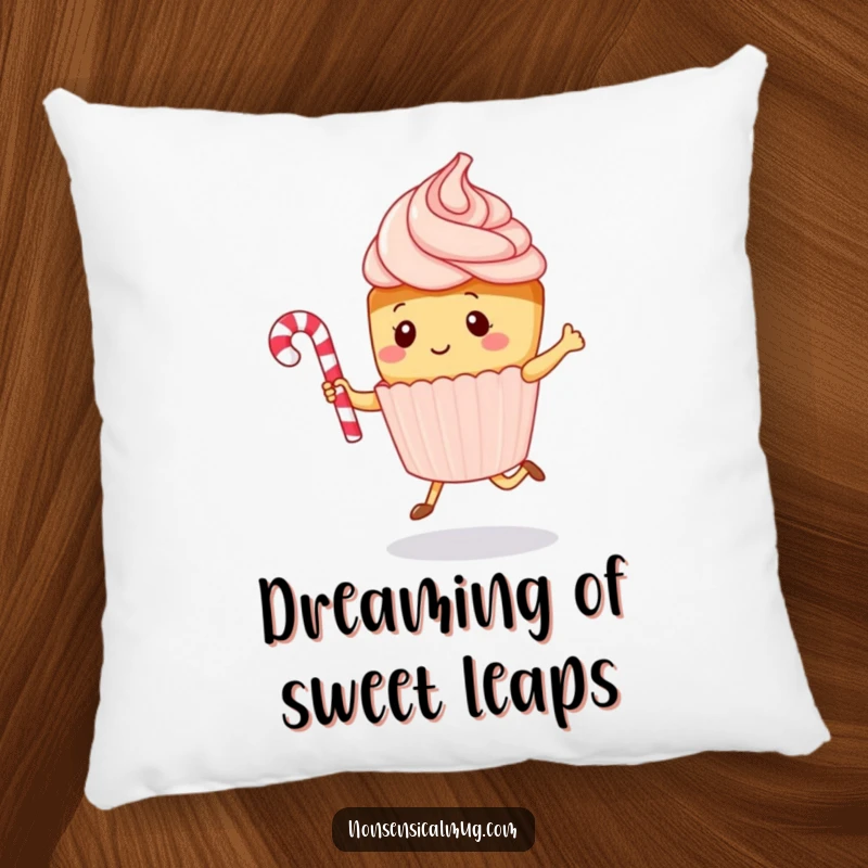 Funny kawaii cupcake character happily jumping rope with a candy cane, printed on a plush pillow, a soft and humorous decor item.
