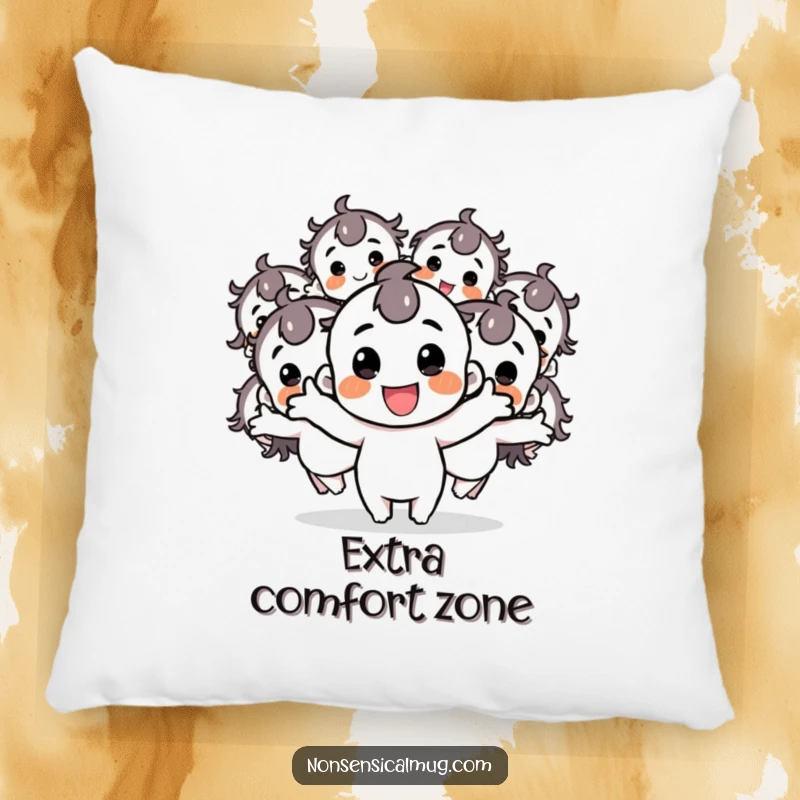 Funny decorative pillow with a cheerful character creating multiple bouncy duplicates, adding playful energy and comfort to any space.