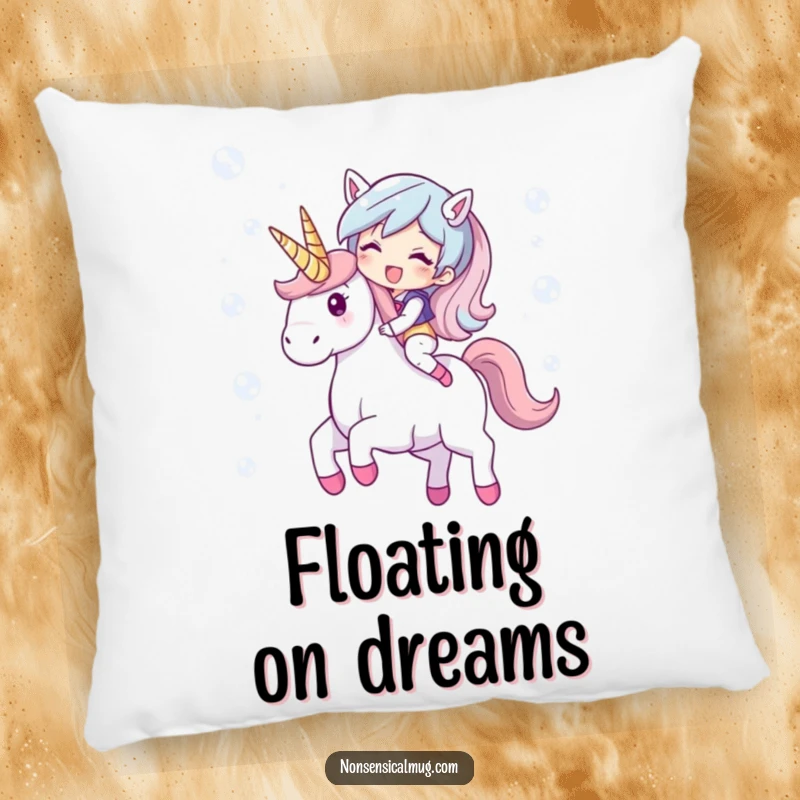 Funny pillow with a giggling character riding a unicorn made of shimmering bubbles. Comfortable and dreamy decorative accent.