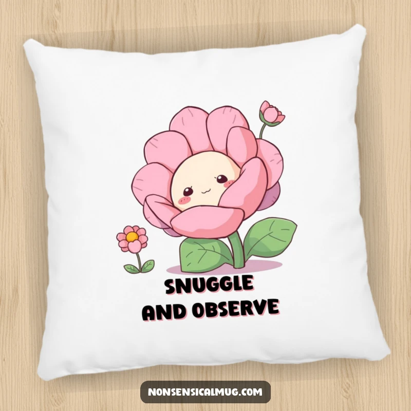 Funny curious blob character peeking from behind a large flower on a soft pillow, adding whimsy.