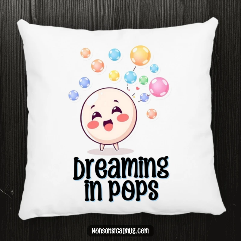 Funny Pillow: A delighted circle character blowing a stream of colorful, floating bubbles, adding comfort and humor to any seating.