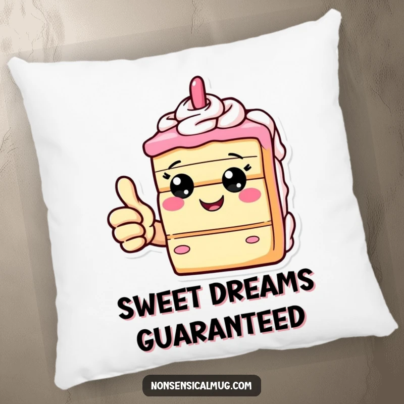 Funny pillow featuring a happy slice of cake giving a thumbs up, offering cozy dessert comfort and giddy vibes.