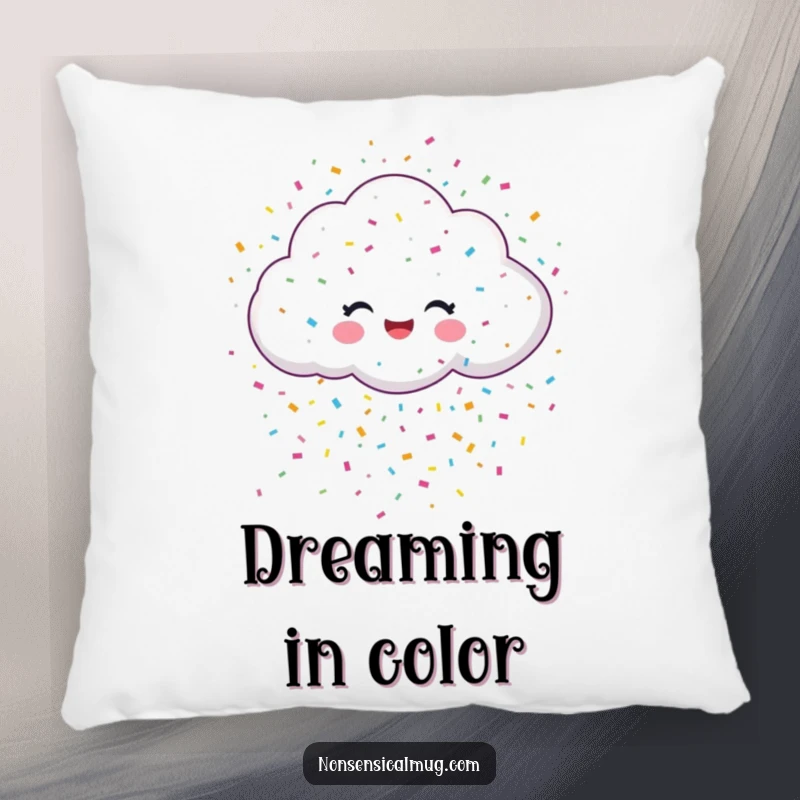 Funny pillow featuring a happy cloud showering a delightful burst of colorful confetti, offering cheerful comfort and celebration.