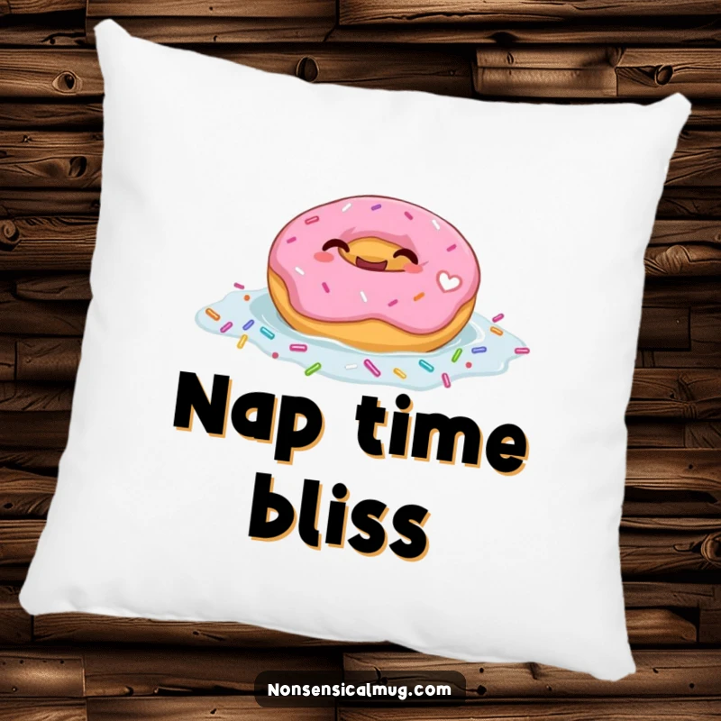 Funny pillow featuring a giggling donut character happily floating in a sea of sprinkles, adding a humorous and sweet accent.