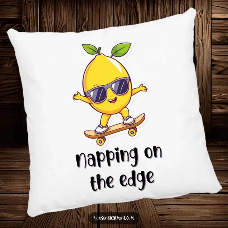Funny lemon with sunglasses skateboarding, featured on a soft pillow for humorous and comfortable decor.