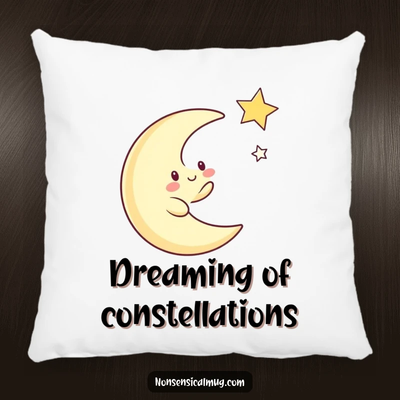 Funny pillow decorated with a whimsical crescent moon character playfully chasing a twinkling star, offering cozy cosmic vibes.