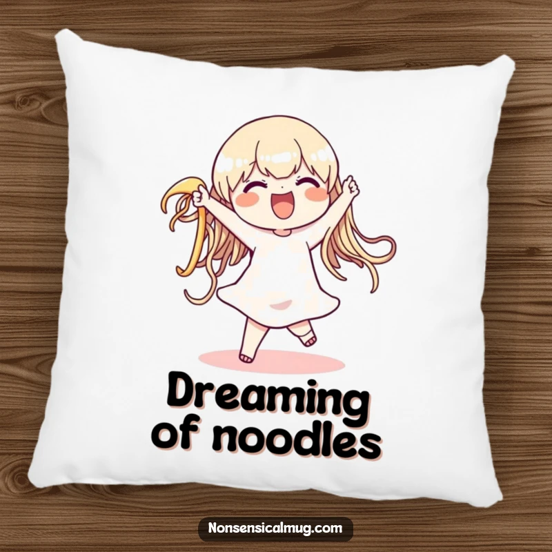 Funny pillow showcasing a character in a hilarious dance with a massive, wiggly noodle, perfect for adding comfort and quirky humor to any room.