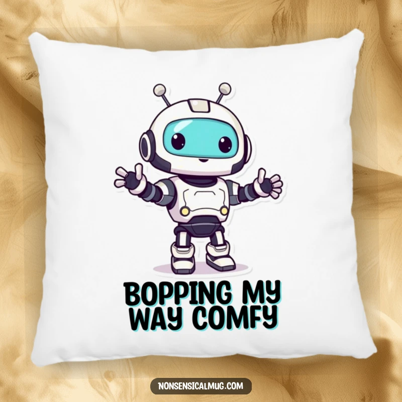 Funny robot pillow featuring a cute character doing a happy little bop, adding comfort and humor to a sofa.