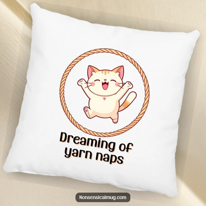 Funny round cat joyfully leaping through a hoop of yarn on a pillow, offering comfort and a dose of feline charm.