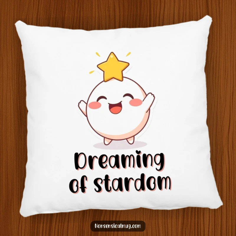 Funny Pillow: A cheerful, round character joyfully bouncing a radiant star off its head, adding comfort and magic.