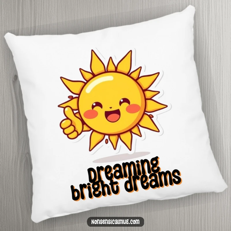 Funny pillow with a beaming sun character giving a thumbs up, offering a soft, humorous accent for sofas and beds, perfect for spreading cheer.