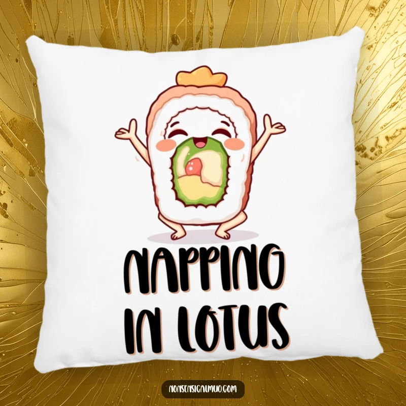 Funny sushi roll in a tranquil yoga pose, featured on a soft pillow for humorous comfort.