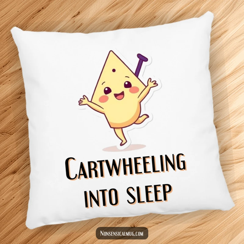 Funny pillow featuring a joyful triangular character happily performing a cartwheel, offering cozy comfort with a twist of geometric fun.