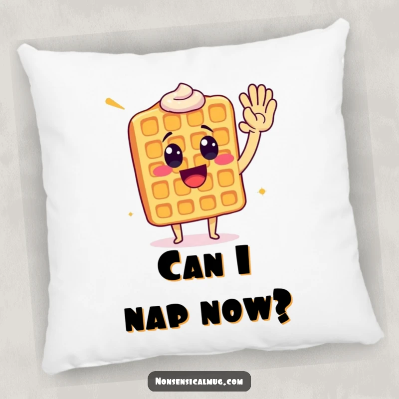 Funny waffle giving a high five, featured on a soft pillow for humorous comfort and a cheerful vibe.