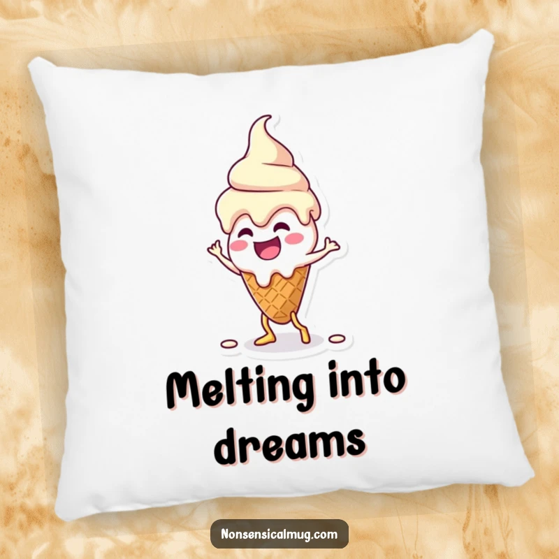 Funny kawaii melting ice cream cone character doing a silly dance on a soft decorative pillow, adding sweet fun.