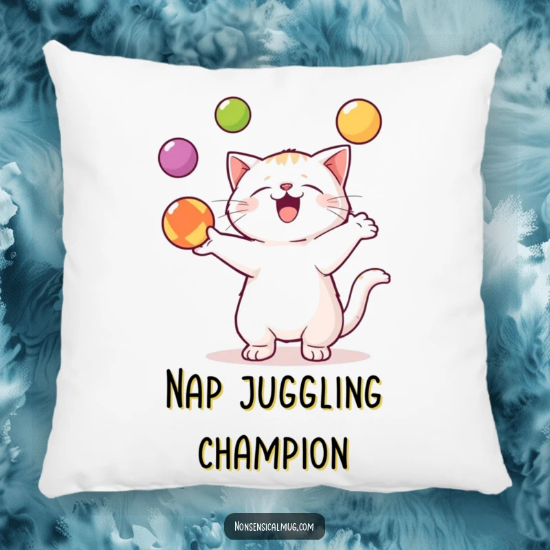 Funny Kawaii Cat Pillow: A talented kawaii cat juggles three colorful balls, offering comfortable and amusing decor.