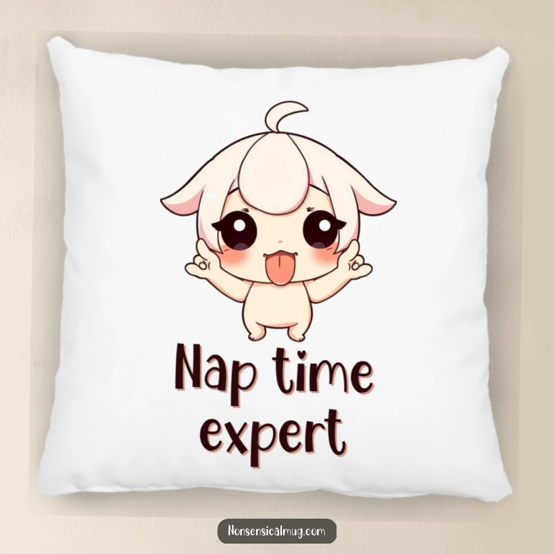 Funny pillow with a character playfully sticking out their tongue and wiggling fingers, offering comfort and a humorous statement.