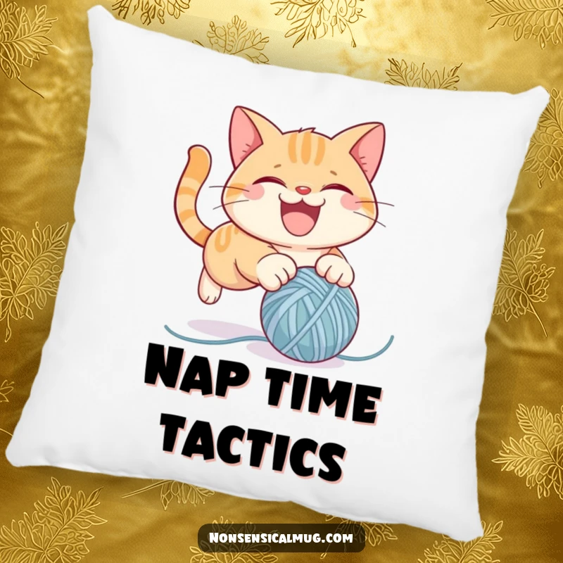 Funny pillow featuring a mischievous cat character gleefully attacking a ball of yarn, perfect for adding comfort and humor to any room.