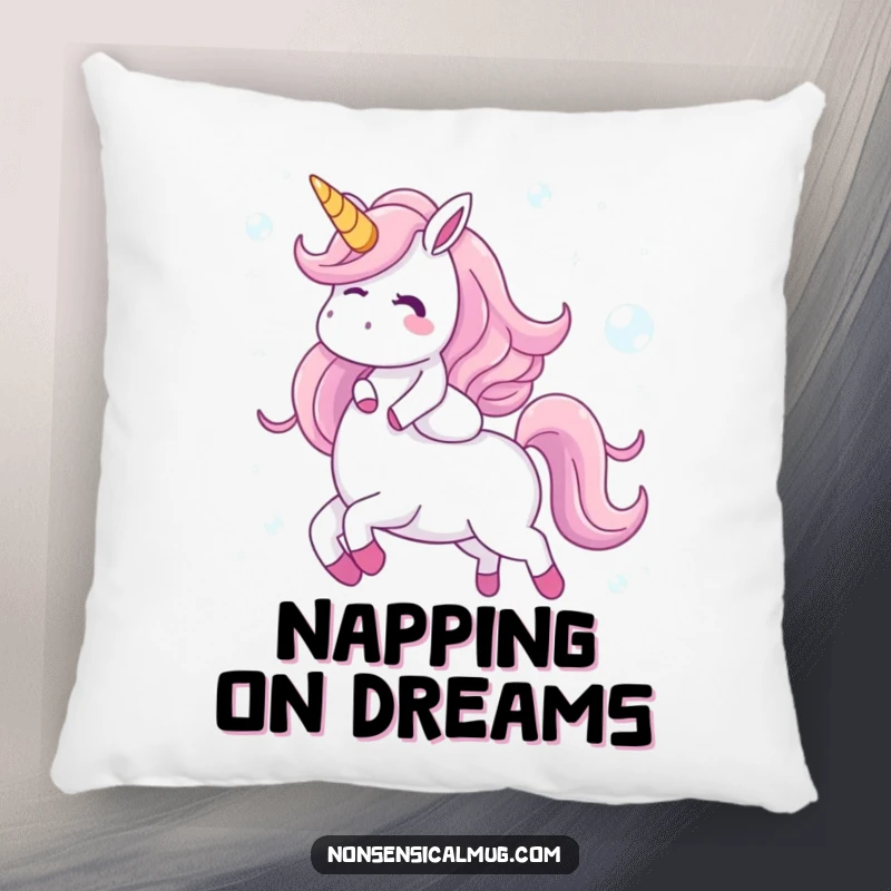 Funny pillow featuring a giggling character riding a unicorn made of iridescent bubbles, adding comfort and a touch of magical fantasy to any room.