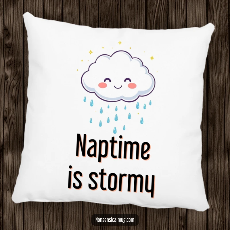 Funny pillow adorned with a cute, grinning cloud character showering gentle, sparkling raindrops, adding cozy charm and humor.