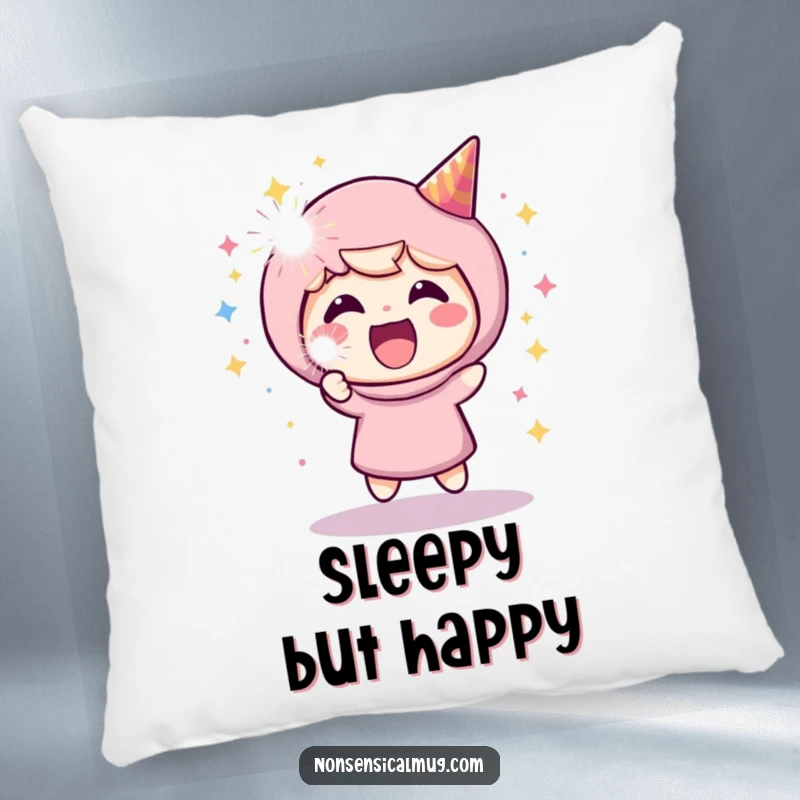 Funny decorative pillow with a beaming character launching a sparkling party popper, adding a touch of playful celebration to any room.