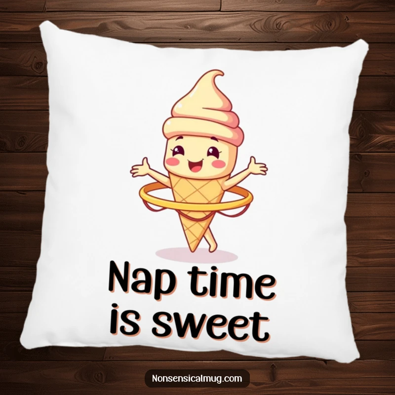 Funny smiling ice cream cone character spinning a hula hoop on a plush pillow, a soft and humorous decor item.