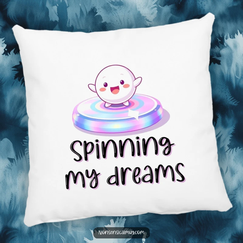 Funny Pillow: A playful, spherical character gleefully spinning on a vibrant, iridescent platform, adding comfort and fun.