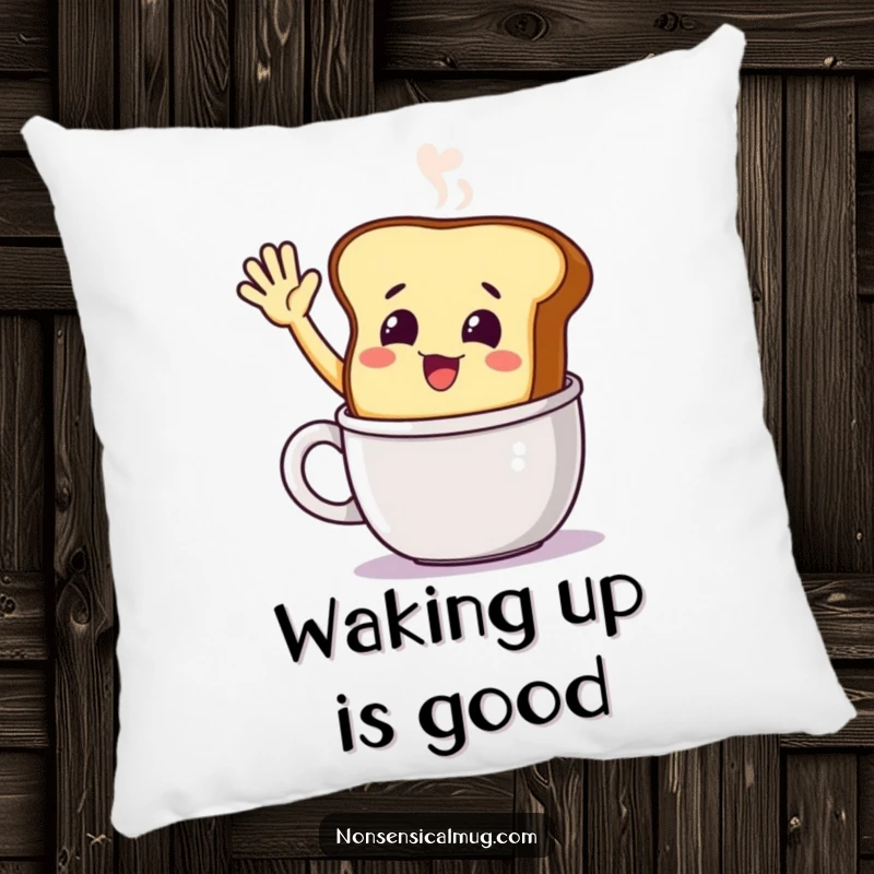 Funny smiling toast character waving from a steaming mug on a pillow, offering comfort and a dose of cheerful breakfast vibes.