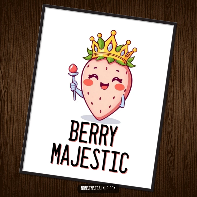 Funny smiling strawberry with a crown and scepter, as a digital art print for instant sweet and humorous wall decor.
