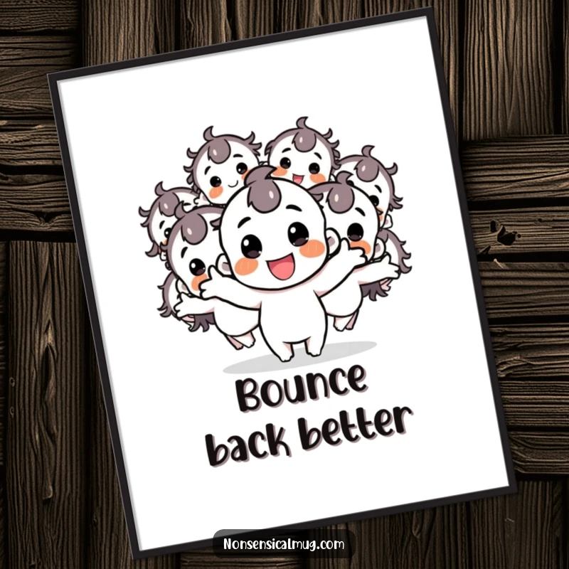 Funny digital art print of a joyful character creating multiple energetic bouncing duplicates, perfect for a vibrant and happy display.