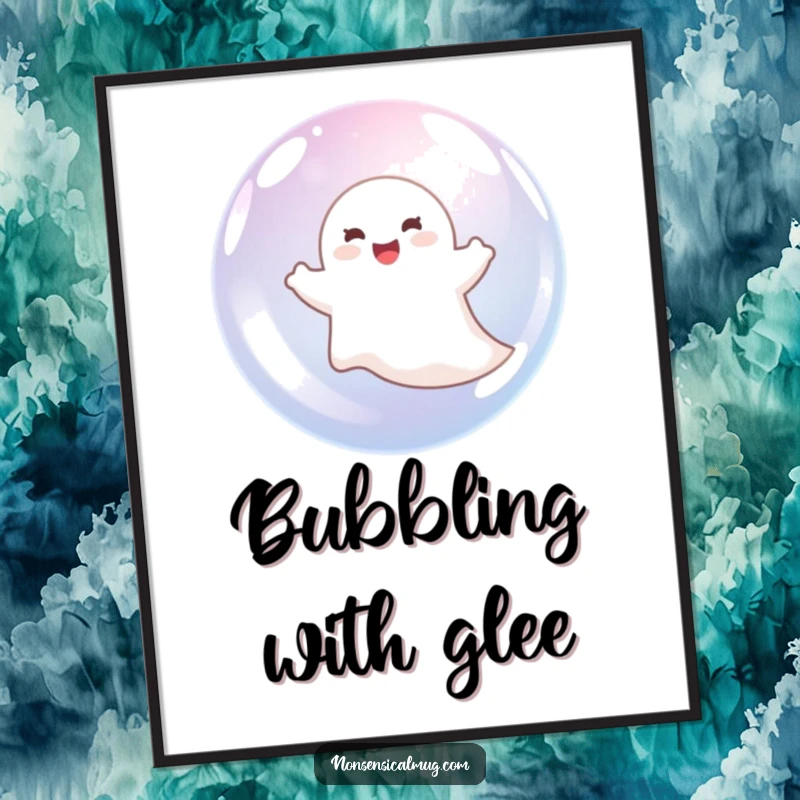 Funny delighted ghost floating happily inside a clear bubble, as a vibrant and humorous digital art print.