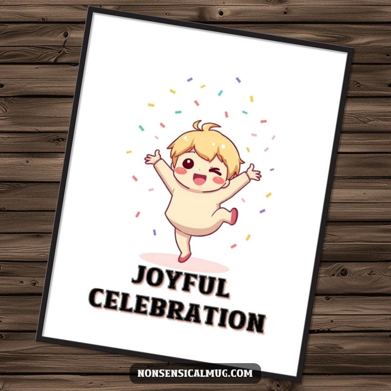 Digital art print: a cute kawaii character joyfully performs a cartwheel, scattering a shower of confetti.