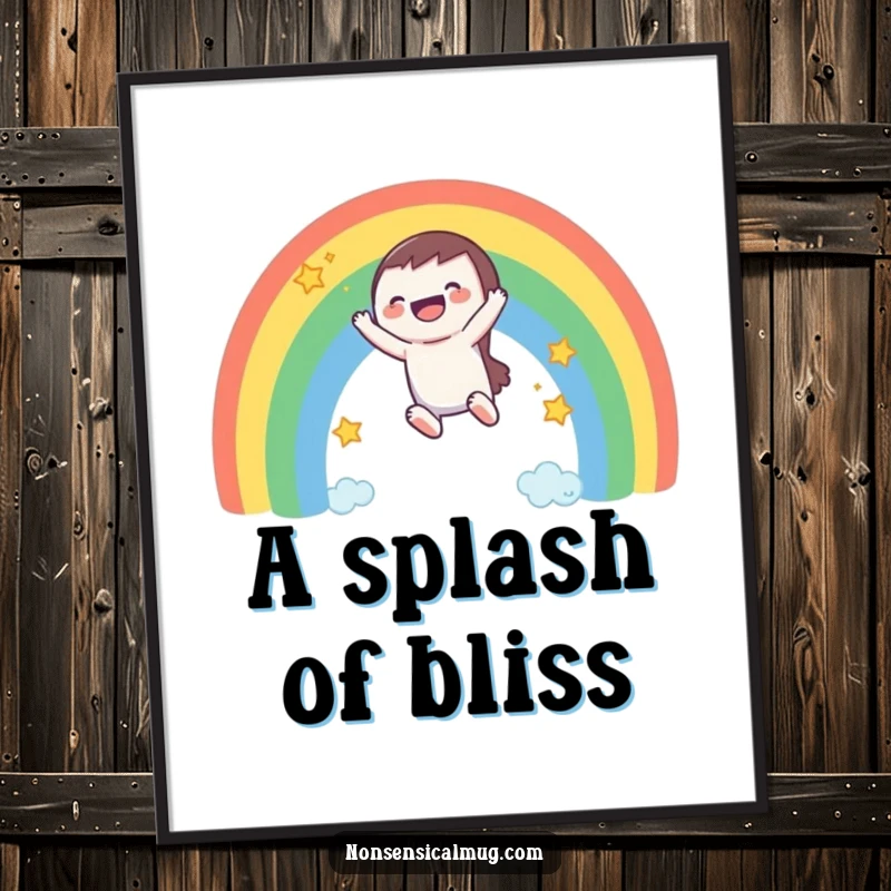 Digital art print: a laughing character joyfully slides down a colorful rainbow, surrounded by whimsical stars.