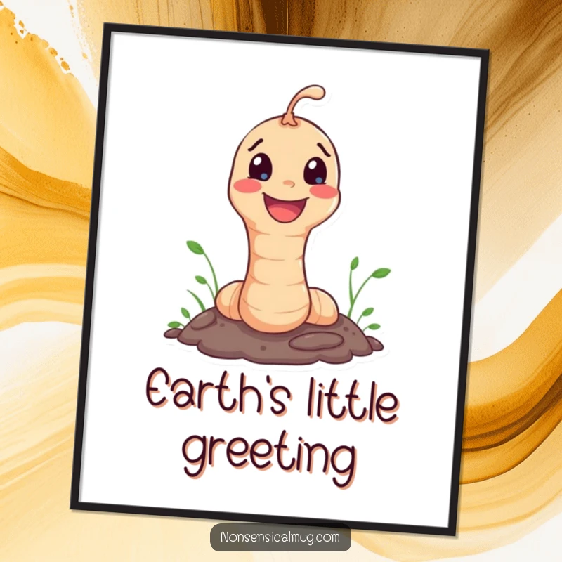 Funny Digital Art Print: Happy worm character joyfully popping out of the ground, a cheerful design.
