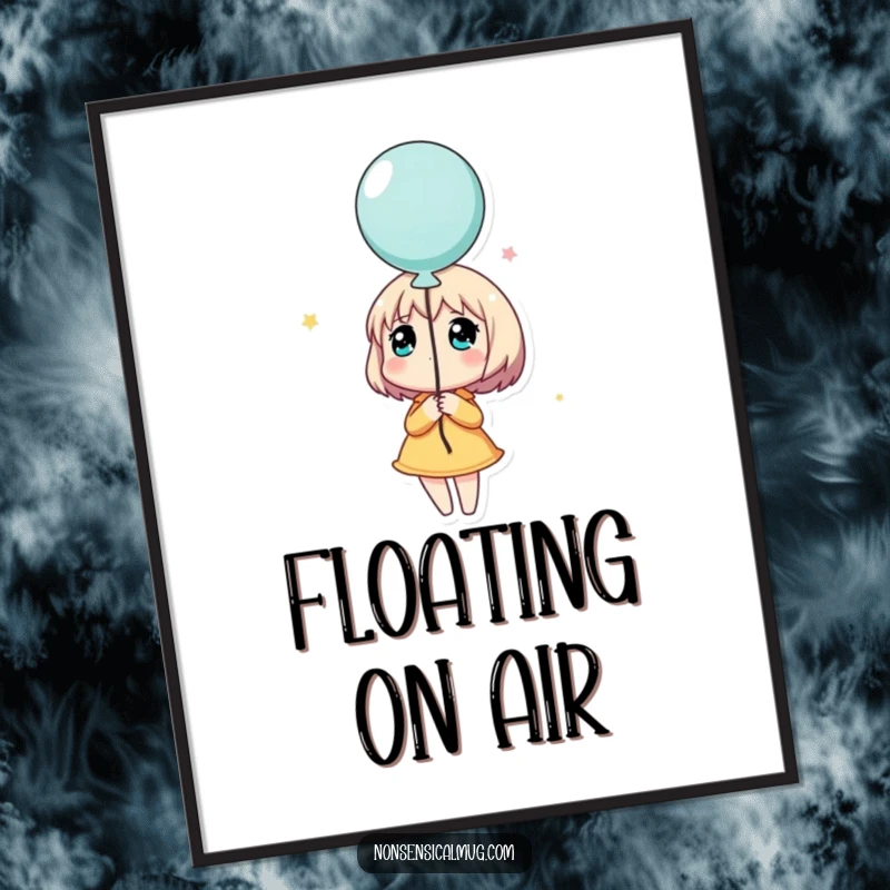 Funny digital art print of a character holding a balloon and looking up dreamily, a heartwarming and inspirational piece for any room.