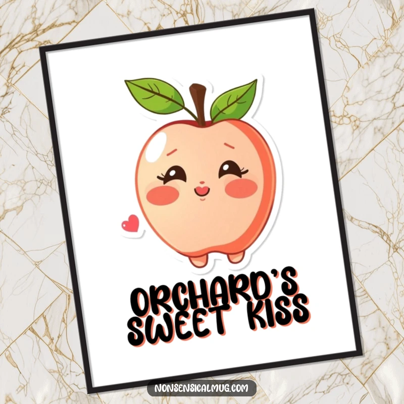 Funny digital art print of a blushing apple character joyfully blowing a kiss, perfect for romantic decor and instant charm.